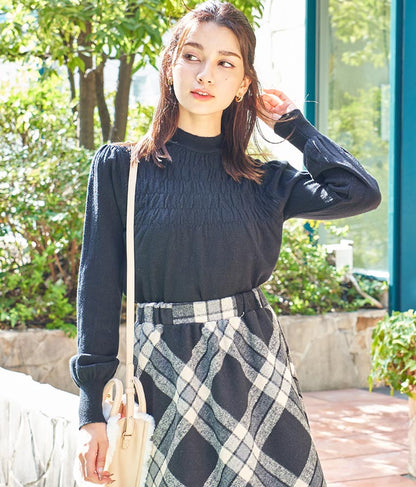 シャーリング デザイン パフスリーブ ニット トップス 長袖 553-5860