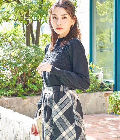 シャーリング デザイン パフスリーブ ニット トップス 長袖 553-5860