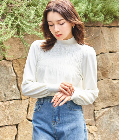 シャーリング デザイン パフスリーブ ニット トップス 長袖 553-5860