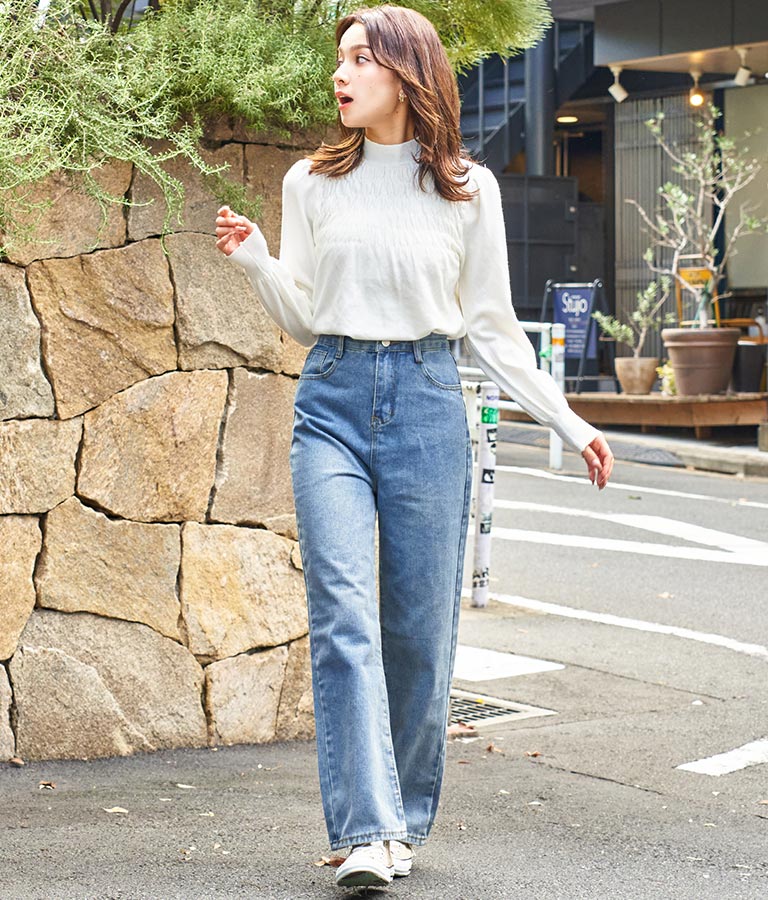 シャーリング デザイン パフスリーブ ニット トップス 長袖 553-5860