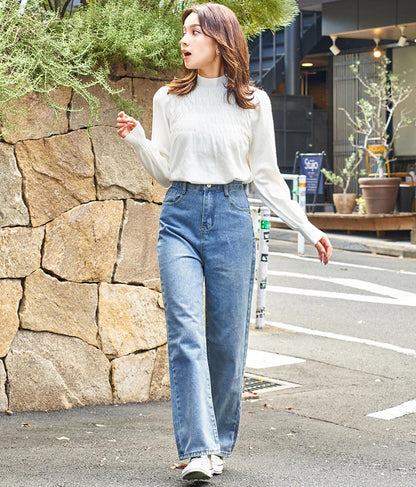 シャーリング デザイン パフスリーブ ニット トップス 長袖 553-5860