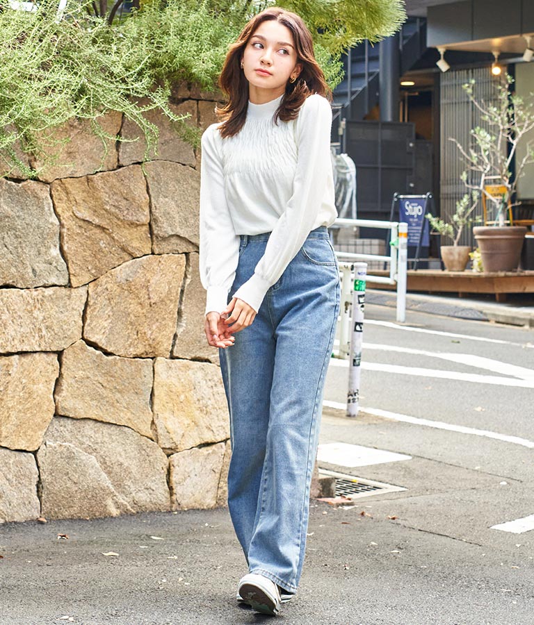 シャーリング デザイン パフスリーブ ニット トップス 長袖 553-5860