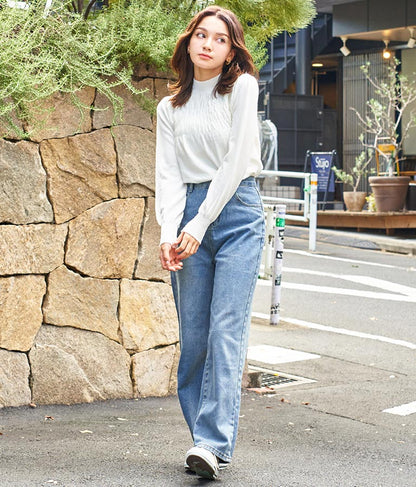 シャーリング デザイン パフスリーブ ニット トップス 長袖 553-5860