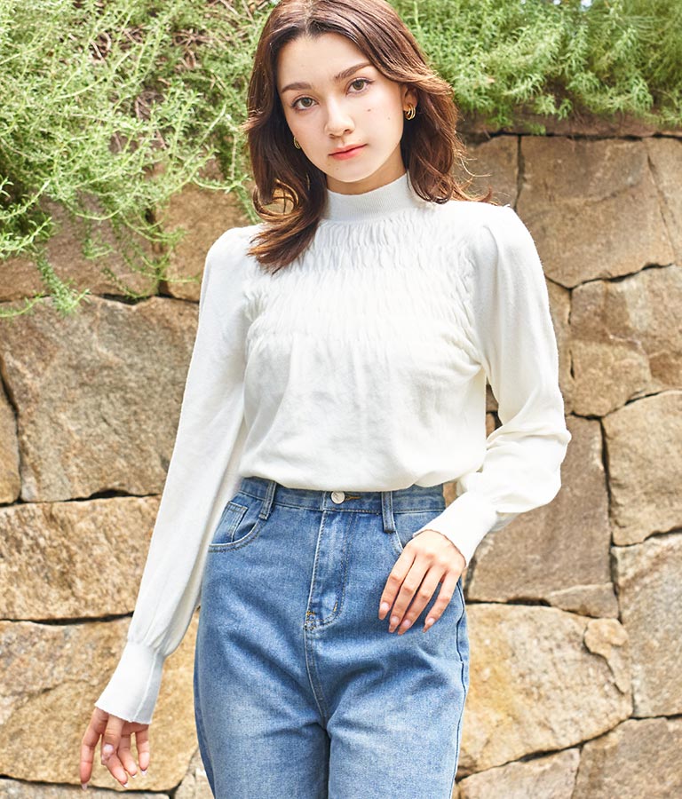 シャーリング デザイン パフスリーブ ニット トップス 長袖 553-5860