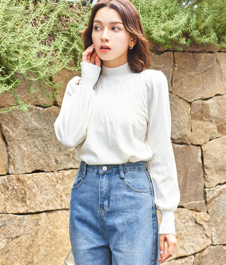 シャーリング デザイン パフスリーブ ニット トップス 長袖 553-5860