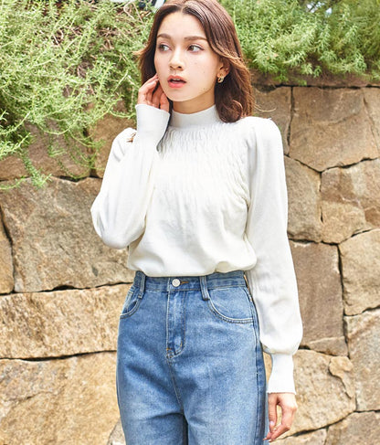 シャーリング デザイン パフスリーブ ニット トップス 長袖 553-5860