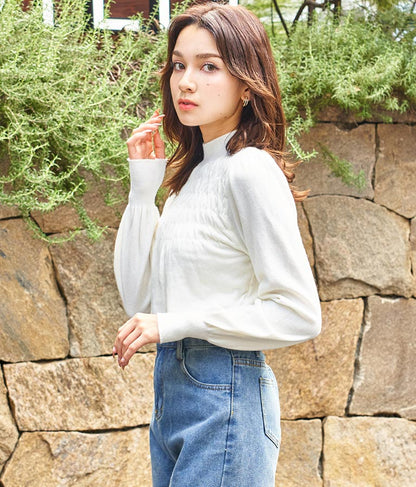 シャーリング デザイン パフスリーブ ニット トップス 長袖 553-5860