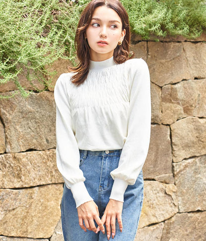 シャーリング デザイン パフスリーブ ニット トップス 長袖 553-5860