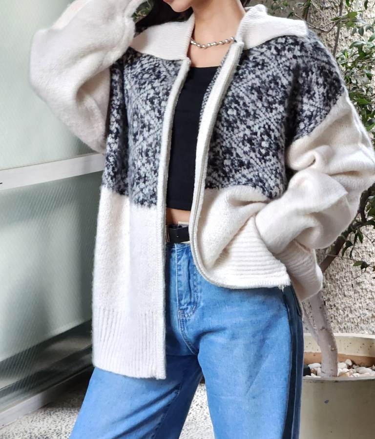 オリエンタル柄 モヘアニット カーディガン ブルゾン 長袖 495-2613