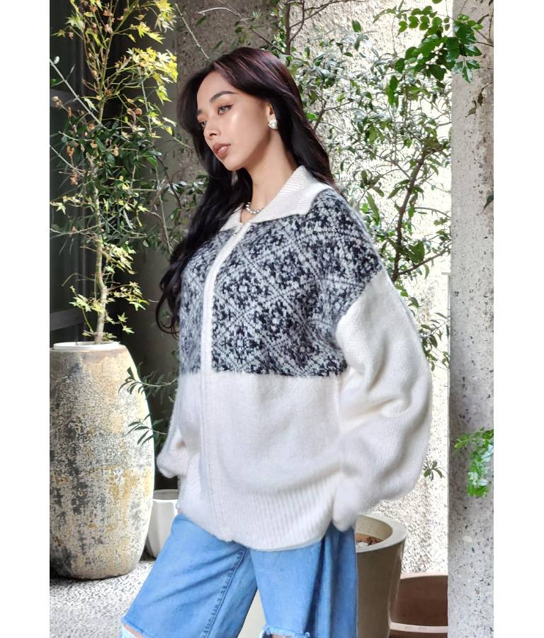 オリエンタル柄 モヘアニット カーディガン ブルゾン 長袖 495-2613