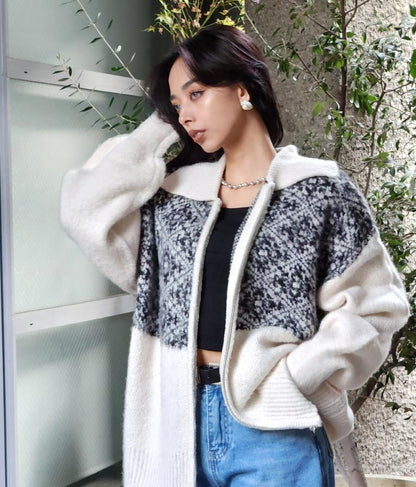 オリエンタル柄 モヘアニット カーディガン ブルゾン 長袖 495-2613