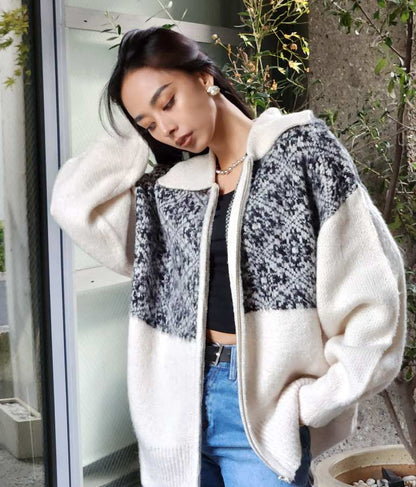 オリエンタル柄 モヘアニット カーディガン ブルゾン 長袖 495-2613
