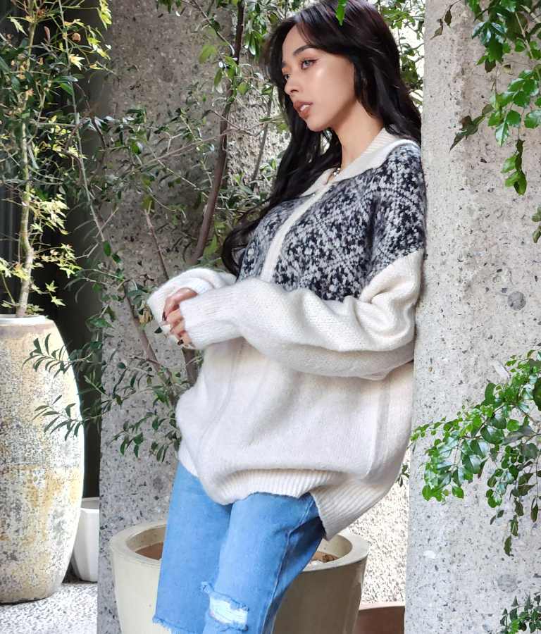 オリエンタル柄 モヘアニット カーディガン ブルゾン 長袖 495-2613