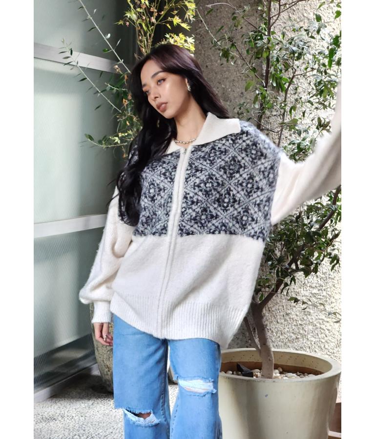 オリエンタル柄 モヘアニット カーディガン ブルゾン 長袖 495-2613