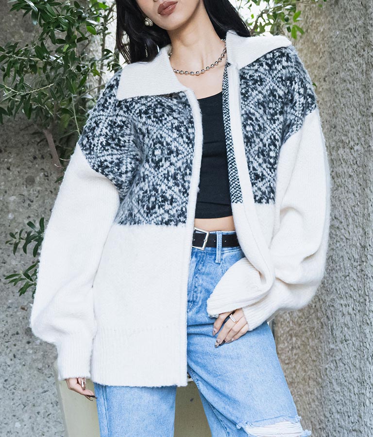 オリエンタル柄 モヘアニット カーディガン ブルゾン 長袖 495-2613