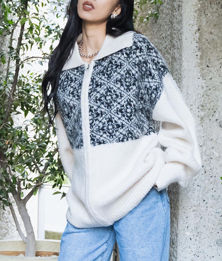 オリエンタル柄 モヘアニット カーディガン ブルゾン 長袖 495-2613