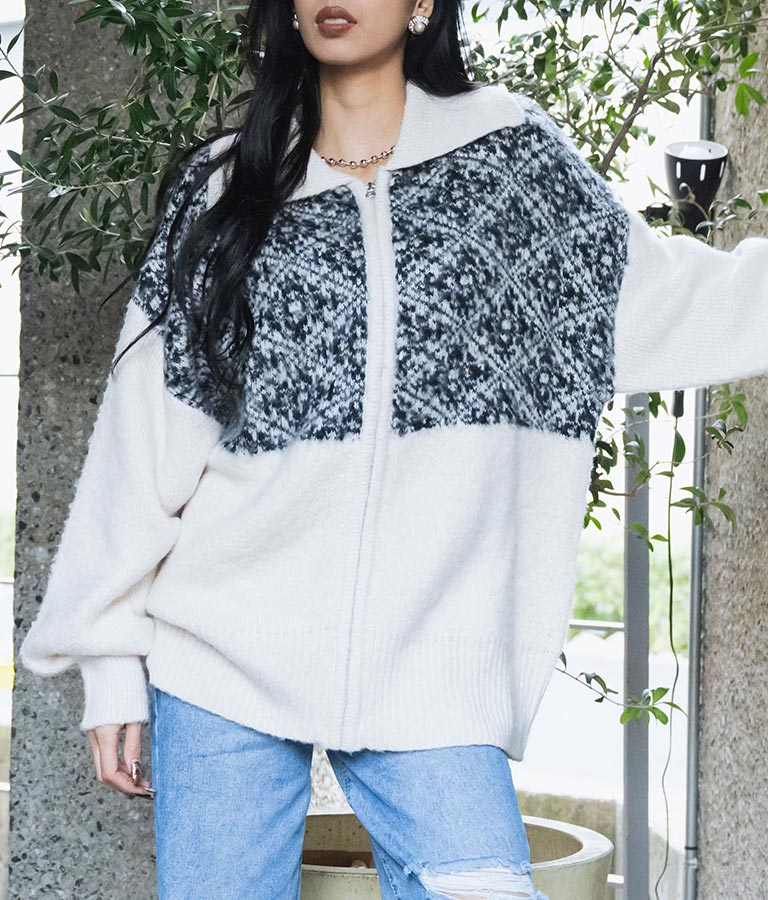 オリエンタル柄 モヘアニット カーディガン ブルゾン 長袖 495-2613