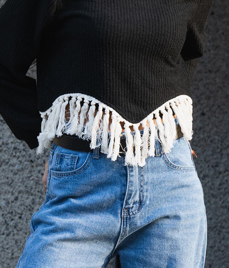 裾フリンジ ニットソー Uネック トップス 長袖