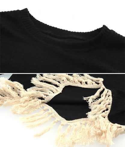 裾フリンジ ニットソー Uネック トップス 長袖 403-8475