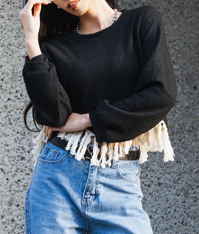 裾フリンジ ニットソー Uネック トップス 長袖 403-8475