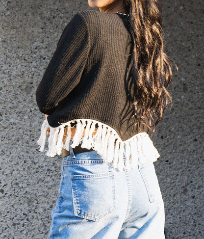 裾フリンジ ニットソー Uネック トップス 長袖 403-8475