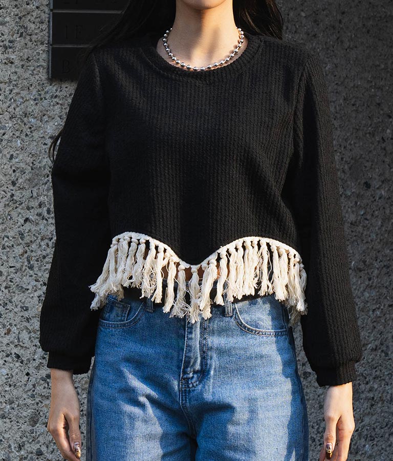 裾フリンジ ニットソー Uネック トップス 長袖 403-8475