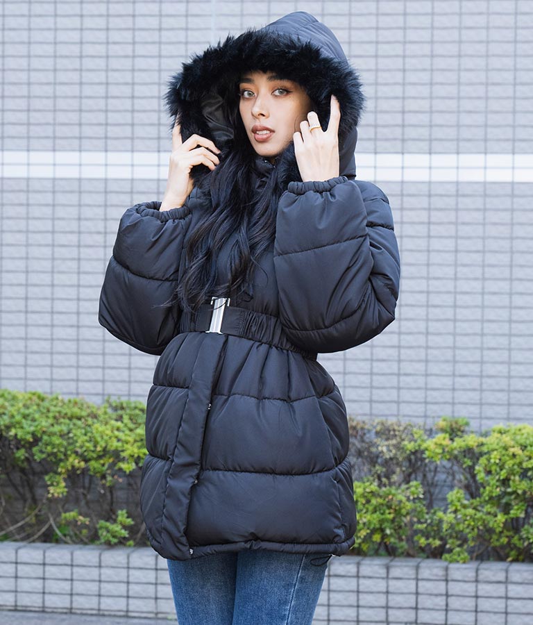 ベルト付き フェイクファーフード 中綿 コート 496-2581