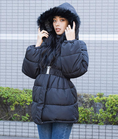 ベルト付き フェイクファーフード 中綿 コート 496-2581