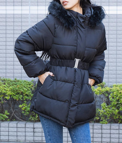 ベルト付き フェイクファーフード 中綿 コート 496-2581