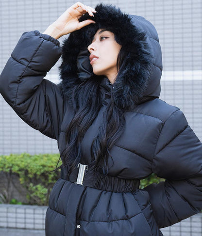 ベルト付き フェイクファーフード 中綿 コート 496-2581