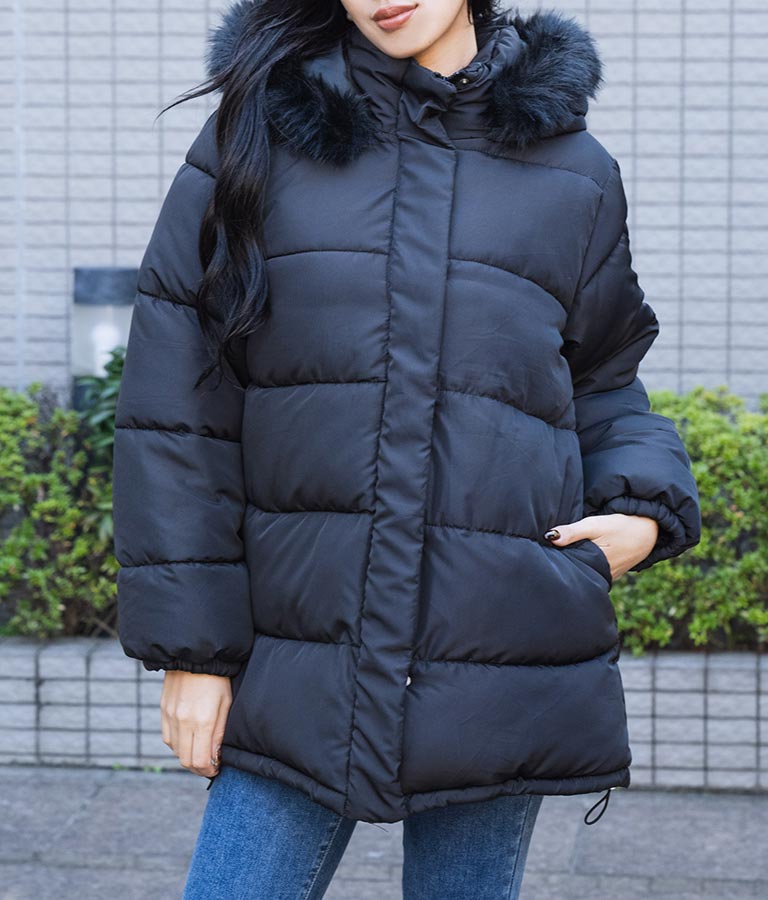 ベルト付き フェイクファーフード 中綿 コート 496-2581