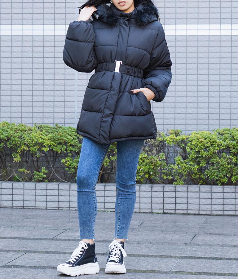 ベルト付き フェイクファーフード 中綿 コート 496-2581