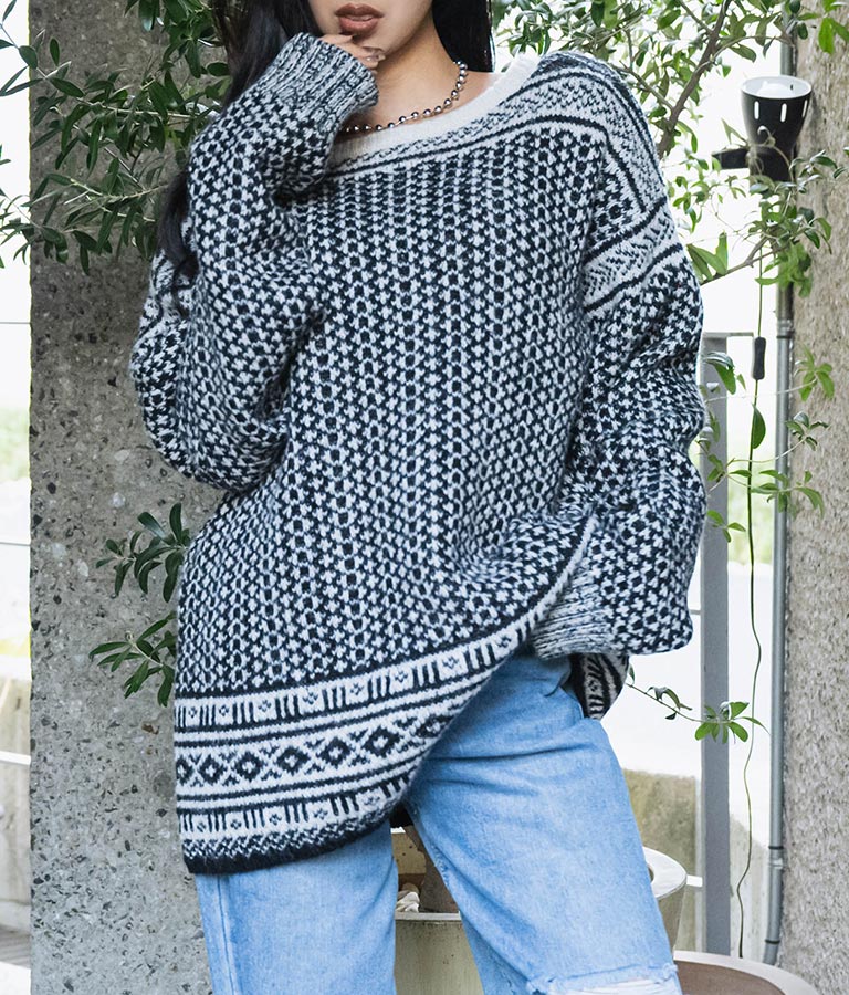 幾何学柄 起毛 モヘア ニット ボートネック 長袖 493-2622