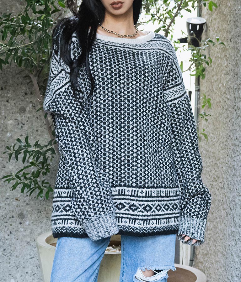 幾何学柄 起毛 モヘア ニット ボートネック 長袖 493-2622