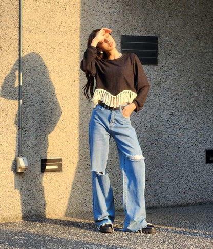 裾フリンジ ニットソー Uネック トップス 長袖 403-8475