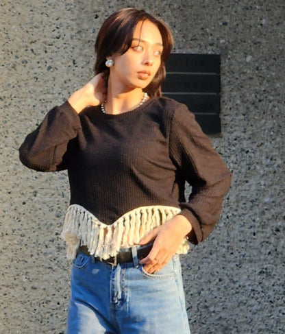 裾フリンジ ニットソー Uネック トップス 長袖 403-8475