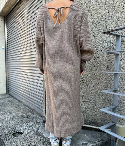 ウール混 バックリボン サイド スリット MIX ニット ワンピース 857-5719