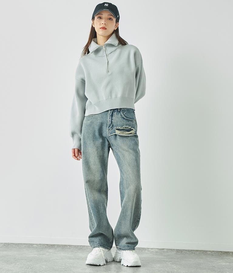 クロップド ハーフジップ モチモチ ニット トップス 793-8957