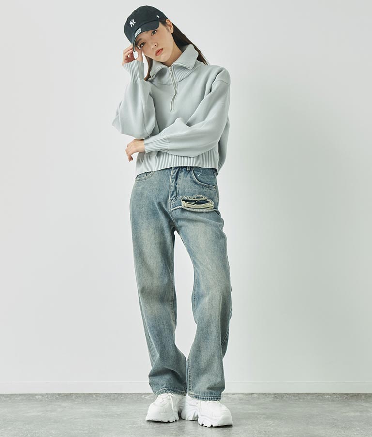 クロップド ハーフジップ モチモチ ニット トップス 793-8957