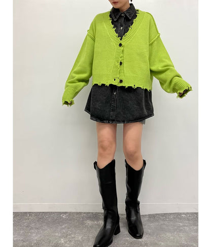 Vネックダメージニットカーディガン 794-8958