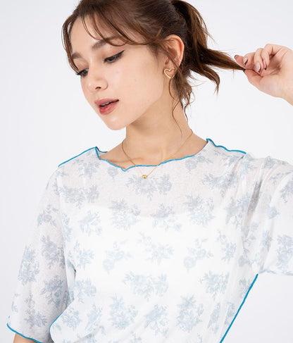 ボタニカル柄プリントトップスTシャツ 523-6397