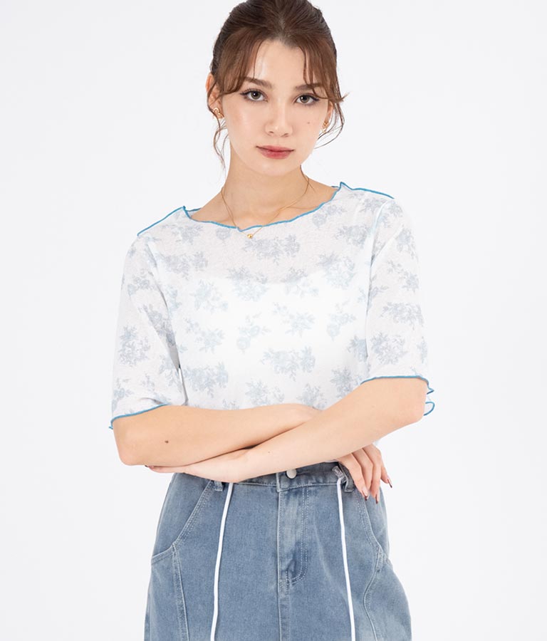 ボタニカル柄プリントトップスTシャツ 523-6397