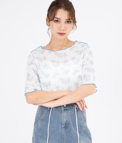 ボタニカル柄プリントトップスTシャツ 523-6397