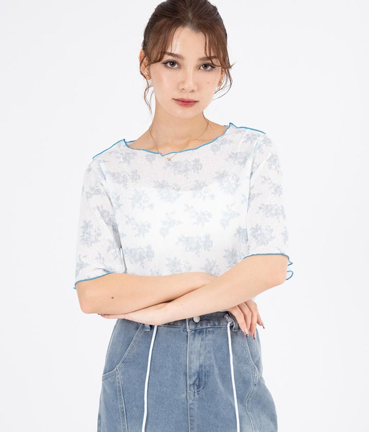ボタニカル柄プリントトップスTシャツ 523-6397