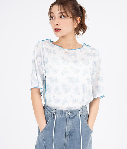 ボタニカル柄プリントトップスTシャツ 523-6397