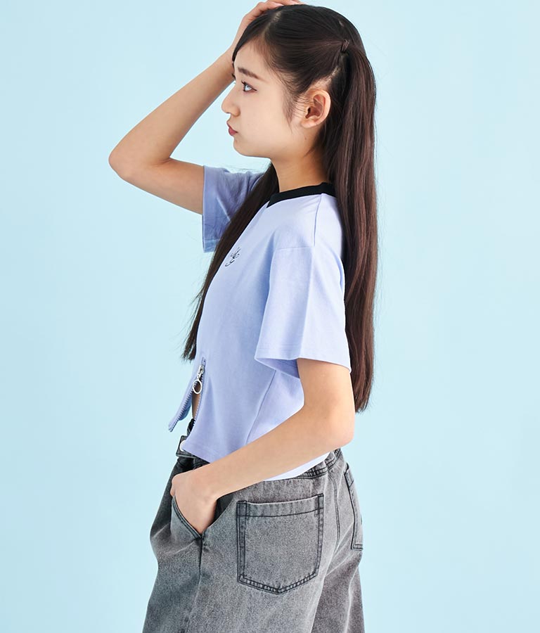 クロップド 前ジップ 刺繍 Tシャツ 913-7363