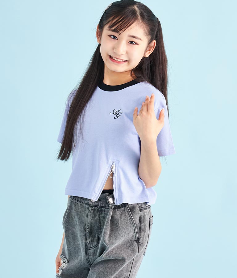 クロップド 前ジップ 刺繍 Tシャツ 913-7363