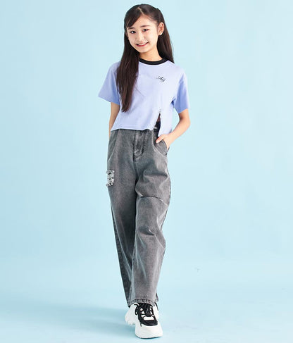 クロップド 前ジップ 刺繍 Tシャツ 913-7363