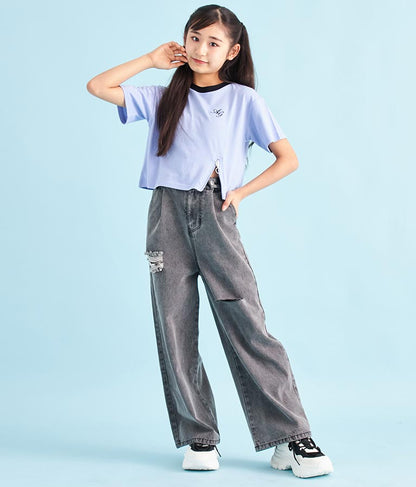 クロップド 前ジップ 刺繍 Tシャツ 913-7363