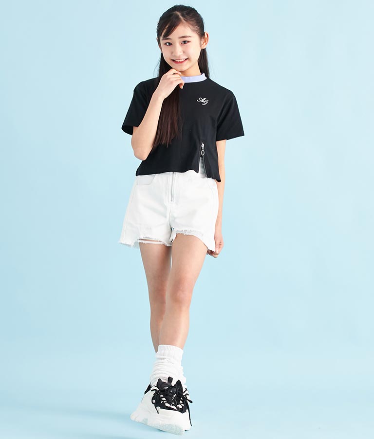 クロップド 前ジップ 刺繍 Tシャツ 913-7363